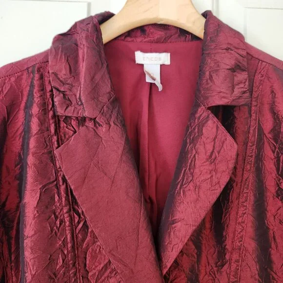 Chico's Metallic Red Crinkle Blazer Jacket Holiday Christmas Evening Dressy M - Picture 3 of 9